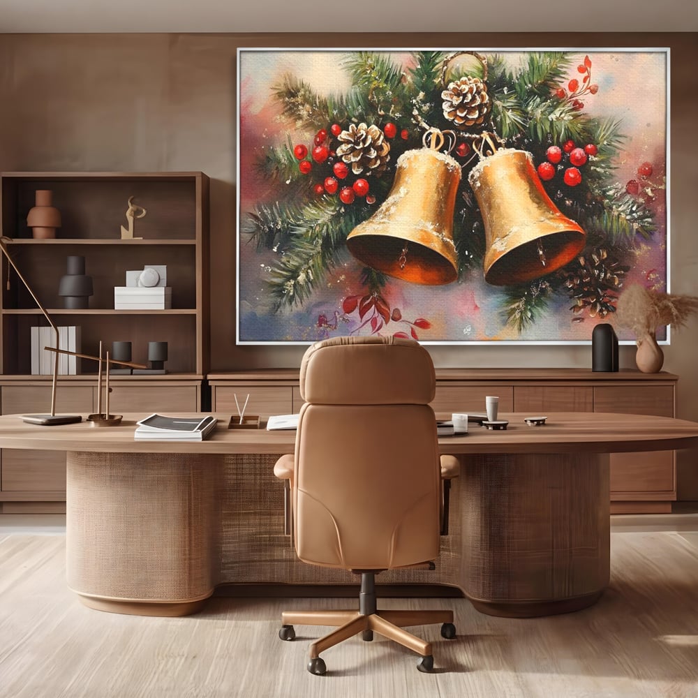 Tablou canvas cu tablou canvas cu clopotei aurii si conuri, in rama de aluminiu argintiu, pe perete intr-un birou